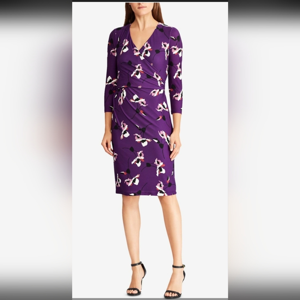 Lauren Ralph Lauren Dress Women's 4 Purple Dark Floral NWT Faux Wrap